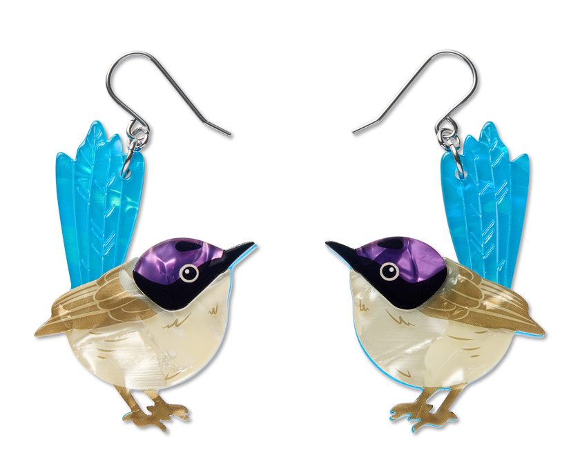 Purple Crowned Fairy Wren Drop Earrings